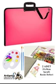 Resim Çantası 35x50 cm Resim Defteri Palet Fırça Seti 1 Paket Pembe Resim Proje Çantası Fermuarlı Kulplu 37x54 cm - 1