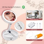 HyMark 10X Büyütme Çift Taraflı Katlanabilir 21 LED Işıklı Makyaj Aynası USB Kablo thumbnail 12