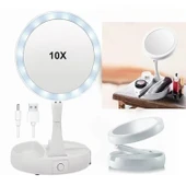 HyMark 10X Büyütme Çift Taraflı Katlanabilir 21 LED Işıklı Makyaj Aynası USB Kablo - 1