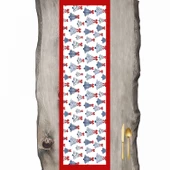 Lacivert Çam Ağaçları ve Kırmızı Çerçeve Desen Ranır - Runner - 1