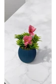 DDPEST Yosunlu Mini Saksıda Yapay Kiraz Çiçeği Bitkisi Sıkas Yeşil Pembe Garnitürlü MaviSaksı Mini Boy - 2