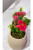 DDPEST Yosunlu Saksıda Yapay Kiraz Çiçeği Pembe-Kırmızı-Yeşil Garnitürlü Bej Uzun Saksı Orta Boy - 3