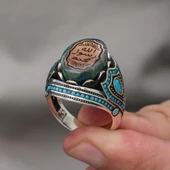 Peygamber Mührü Mavi Taşlı 925 Gümüş Erkek Yüzük thumbnail 5