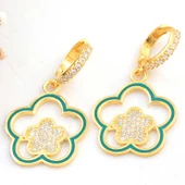 Gümüş Gold Sallantılı Çiçek Desenli Kadın Küpe - 1