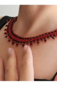 Etnik Bohem Kırmızı Siyah Salkım Model Kum Kristal Boncuk Kolye El Yapımı thumbnail 2