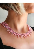 Etnik Bohem Pembe Gümüş Salkım Model Kum Kristal Boncuk Kolye El Yapımı - 1