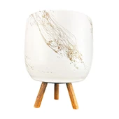 Bitki Tasarımı Beyaz Üzeri Gold Mermer Efektli Toprak Saksı Saksılık Salon Çiçeklik 3 Ayaklı - 19 CM thumbnail 6