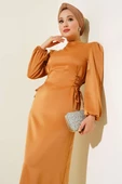 Yanları İp Detaylı Saten Elbise Camel - 2