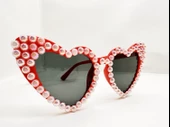 Kırmızı Renk İncili Kalp Şekilli Gelin Gözlüğü Bride Gözlüğü thumbnail 2