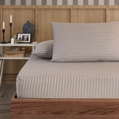 Pamuklu Çizgili Saten Çift Kişilik Lastikli Çarşaf Seti 160x200 Cm 2 Adet Yastık Kılıfı 50x70 Cm Taş - 2