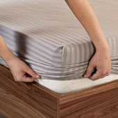 Pamuklu Çizgili Saten Tek Kişilik Lastikli Çarşaf Seti 100x200cm30 Cm 1 Adet Yastık Kılıfı 50x70 Taş - 2