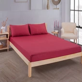 Pamuklu Saten Çizgili Lastikli Çarşaf Seti 160x200cm Kılıfı 50x70 Cm Çift Kişilik Bordo - 1