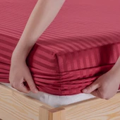 Pamuklu Saten Çizgili Lastikli Çarşaf Seti 160x200cm Kılıfı 50x70 Cm Çift Kişilik Bordo - 3
