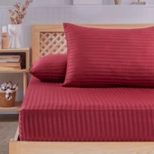 Pamuklu Saten Çizgili Lastikli Çarşaf Seti 160x200cm Kılıfı 50x70 Cm Çift Kişilik Bordo - 2