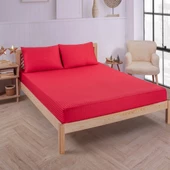 Pamuklu Saten Çizgili Lastikli Çarşaf Seti 160x200cm Kılıfı 50x70 Cm Çift Kişilik Kırmızı - 1