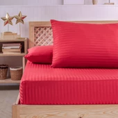 Pamuklu Saten Çizgili Lastikli Çarşaf Seti 160x200cm Kılıfı 50x70 Cm Çift Kişilik Kırmızı - 2