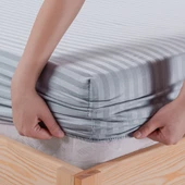 Pamuklu Saten Çizgili Lastikli Çarşaf Seti 160x200cm Yastık Kılıfı 50x70 Cm Çift Kişilik Gri - 3