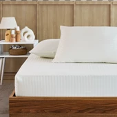 Pamuklu Saten Çizgili Lastikli Çarşaf Takımı 180x200cm Yastık Kılıfı 50x70 Cm Çift Kişilik Krem - 2