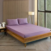 Pamuklu Saten Çizgili Lastikli Çarşaf Takımı 180x200cm Yastık Kılıfı 50x70 Cm Çift Kişilik Mor - 1
