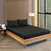 Pamuklu Saten Çizgili Lastikli Çarşaf Takımı 180x200cm Yastık Kılıfı 50x70 Cm Çift Kişilik Siyah - 1