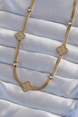 Marydien 316L Çelik İtalyan Zincirli Gold Renk Zirkon Taşlı Yonca Model Kolye - 1
