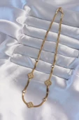 Marydien 316L Çelik İtalyan Zincirli Gold Renk Zirkon Taşlı Yonca Model Kolye - 2