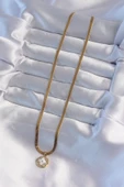 Marydien 316L Çelik İtalyan Zincirli Gold Renk Zirkon Taşlı Sedefli Yonca Model Kolye - 2