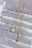 Marydien 316L Çelik Gold Renk Beyaz Sedefli Yonca Kolye - 2