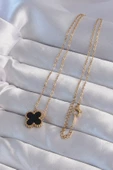 Marydien 316L Çelik Gold Renk Siyah Mineli Yonca Kolye - 2