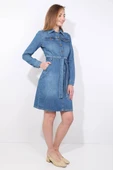 Kadın Mavi Kemerli Uzun Kollu Jean Elbise - 5