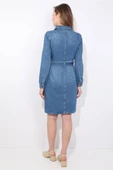 Kadın Mavi Kemerli Uzun Kollu Jean Elbise - 4