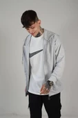 Erkek Açık Gri Kapüşonlu Fermuarlı 2 Iplik Polar Kanguru Oversize Sweatshirt - 3