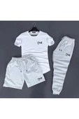 3'lü Dar Kesim Unisex Tshirt-şort-eşofman Kombin One Baskılı - 1
