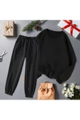 Unisex 2 Iplik Şardonlu Kışlık Siyah Sweat - Siyah Eşofman Takım Alt-üst - 1