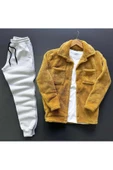 Unisex Pelüş Taba Ceket Ve Gri Eşofman Kombini Alt Üst - 1