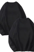 2 İpilik Bisiklet Yaka Sweatshirt Siyah İkili Takım DÜZ - 1