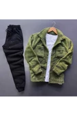 Unisex Pelüş Haki Ceket Ve Siyah Eşofman Kombini Alt Üst - 1