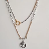 KL-MADALYON DETAY ÇİFT RENK ZİNCİR KOLYE - 1