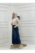 Kemer Dantel Detaylı Kot Etek - Koyu Mavi - 5