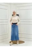 Kemer Dantel Detaylı Kot Etek - Koyu Mavi - 9