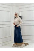 Kemer Dantel Detaylı Kot Etek - Koyu Mavi - 6
