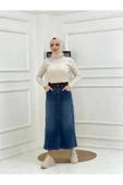 Kemer Dantel Detaylı Kot Etek - Koyu Mavi - 4