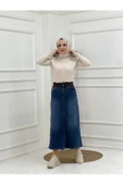 Kemer Dantel Detaylı Kot Etek - Koyu Mavi - 2
