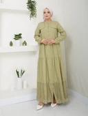 Dantelli Doğal Kumaşlı Boydan Düğmeli Kot Elbise - 2