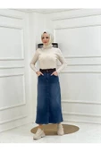 Kemer Dantel Detaylı Kot Etek - Koyu Mavi - 1