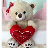 Peluş Ayı 30 Cm Kırmızı Tokalı ve Kalpli - 2