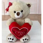 Peluş Ayı 30 Cm Kırmızı Tokalı ve Kalpli - 3