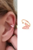 Pembe Mineli 925Ayar Gümüş Üzerine Rose Altın Kaplama Trend Kelebek Sıkıştırmalı Kıkırdak Küpesi - 1