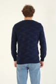 Erkek Kendinden Desenli Sıfır Yaka Kazak Lacivert - 6
