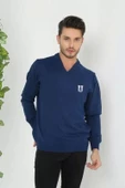 Baskılı V Yaka Uzun Kol Dokuma Triko - Indigo - 1